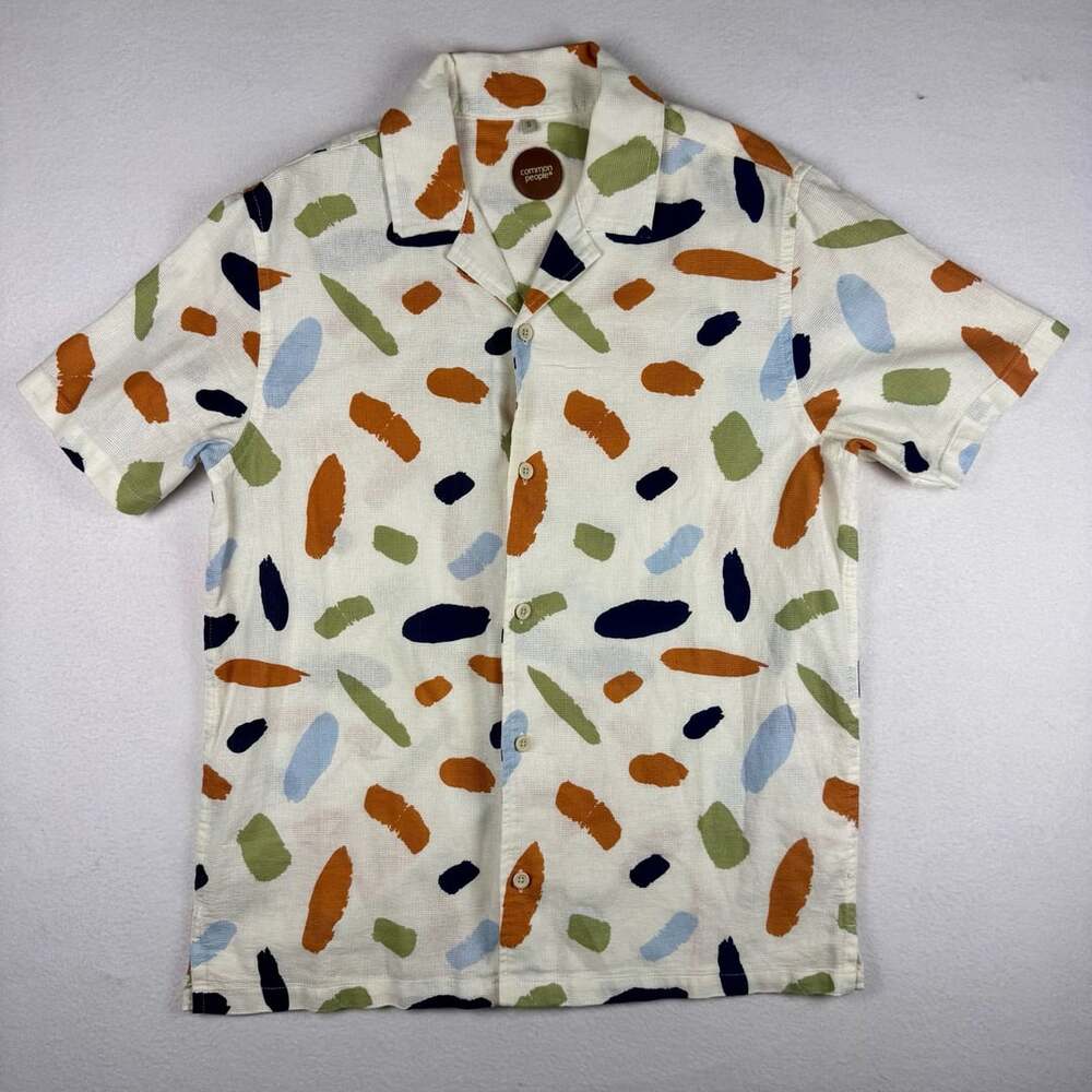 Common People Contour Shirt Size S Ecru Multi Paint Stroke Short Sleeve